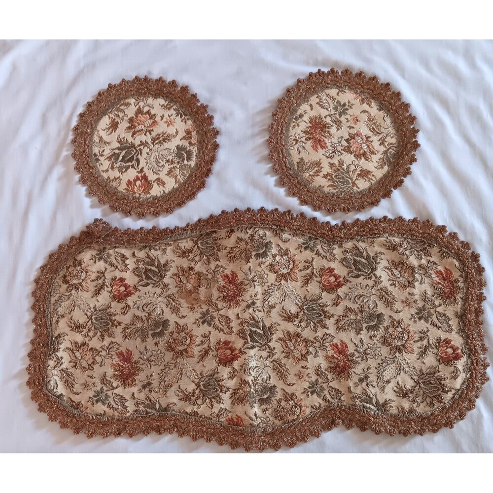 Victorian Floral Tapestry Brocade Table Runner & 2 Coasters  Rosel W Germany